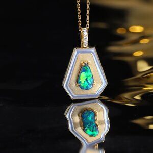 Black Opal Necklace Trapezoid Shaped Pendant 18k Yellow Gold